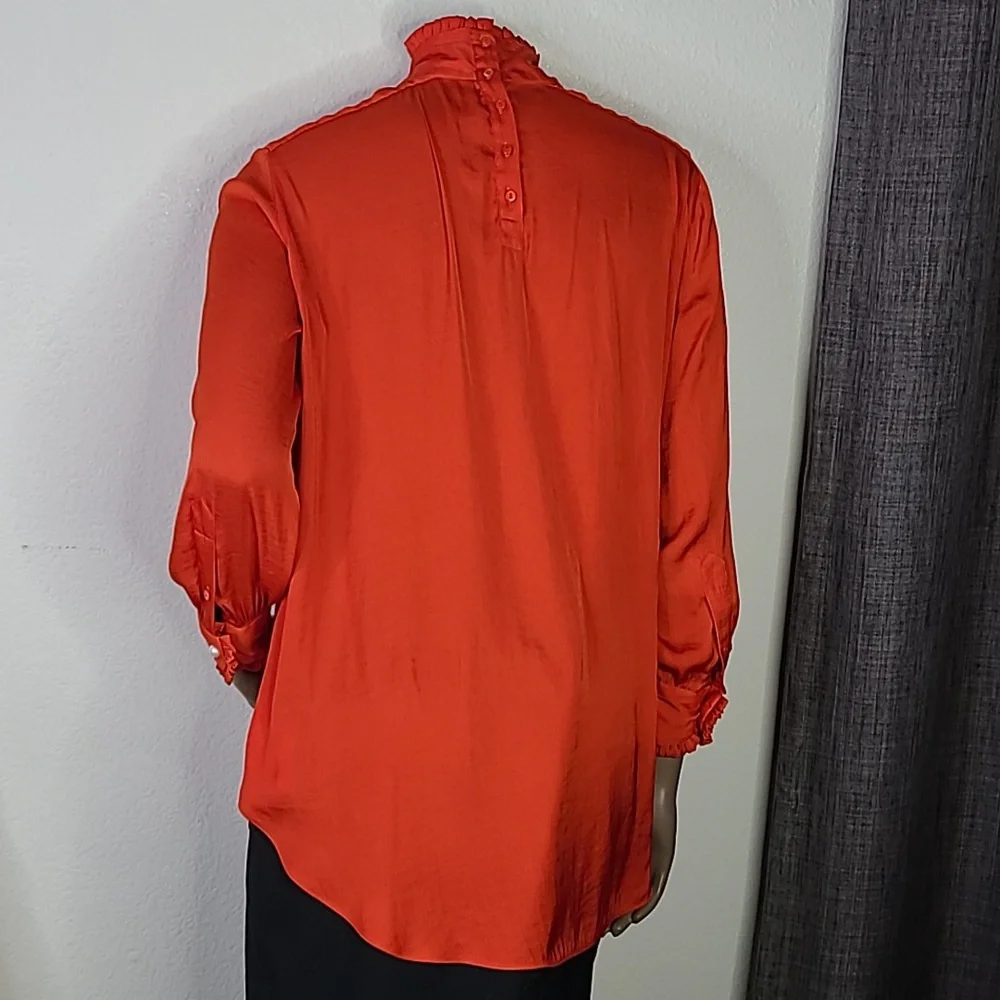 Zara Blouse Size Large Red Mock Neck Ruffle Detail Festive Holiday Party EUC - Picture 6 of 11